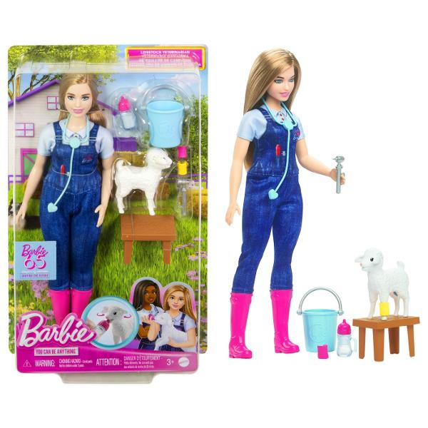 Sarbatoreste cea de-a 65-a aniversare a lui Barbie cu o colectie de papusi cu cai de cariera preferate cum ar fi a fi veterinar la ferma Papusa Veterinara Barbie&reg poarta o tinuta tematica cu pantofi roz iconici iar setul include si 10 accesorii inclusiv o oaie cu urechi mobile Distractia este diversificata prin accesorii suplimentare precum o banca o galeata echipament de examinare un ciocan si un stetoscop in forma de inima si 2 pansamente pentru oi tinuta detasabila a 