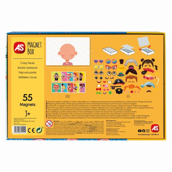 AS Magnet Box Fetisoare Amuzante este un joc extrem de distractiv si educativ ii familiarizeaza pe copii cu caracteristicile umane deoarece ii invata sa combine magnetii pentru a forma fetele indicate pe carduri Ajuta la dezvoltarea observatiei copilului dar si a imaginatiei acestuia deoarece pot combina si magnetii dupa cum doresc pentru a forma noi fete ale imaginatiei lorContine 55 de magneti de carton tabla magnetica 10 carti cu doua fete Varsta recomandata 3 ani