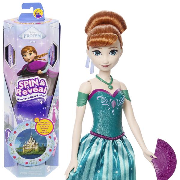 Inspirata de personajul animat din Disney Frozen papusa Spin &amp Reveal Anna dezvaluie surprize cu fiecare rasucire magica Distractia incepe cand copiii deschid clapeta si descopera o scena de joaca inspirata de Anna cu siluete misterioase Urmatorii copii invart pachetul dezvaluind o punga misterioasa la fiecare tura5 in total Gentile detin 10 surprize inclusiv accesorii de moda si autocolante Dezvaluirea finala este o papusa frumoasa Anna cu par moale intr-un updo distractiv o 