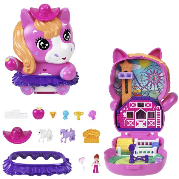 Gentutele Polly Pocket detin lumi mici cu surprize mari in interior pe care fetele si baietii le pot duce oriunde Fiecare jucarie portabila prezinta la exterior o forma adorabila de animal cu un detaliu de joaca interactiv cei mici pot combina accesoriile pentru a ingriji animalul de cate ori doresc Cand au terminat de decorat exteriorul copiii pot deschide carcasa pentru a dezvalui o papusa mai multe functii de joaca din mers si mai mult de 10 accesorii Arunca o petrecere de pijama pentru 