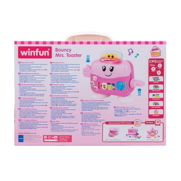 Transforma joaca intr-o experienta distractiva si interactiva cu jucaria toaster de la Winfun Micutul tau poate pregati &bdquopaine prajita&rdquo prin simpla apasare a painii in toaster si apasarea butonului care o face sa sara afara Cu butoane pentru a alege gradul de rumenire copiii pot decide intre paine usor sau bine prajita iar cele trei toppinguri preferate  gem miere si unt de arahide  adauga un plus de creativitate in joaca Toasterul include un buton temporizator cu lumina 