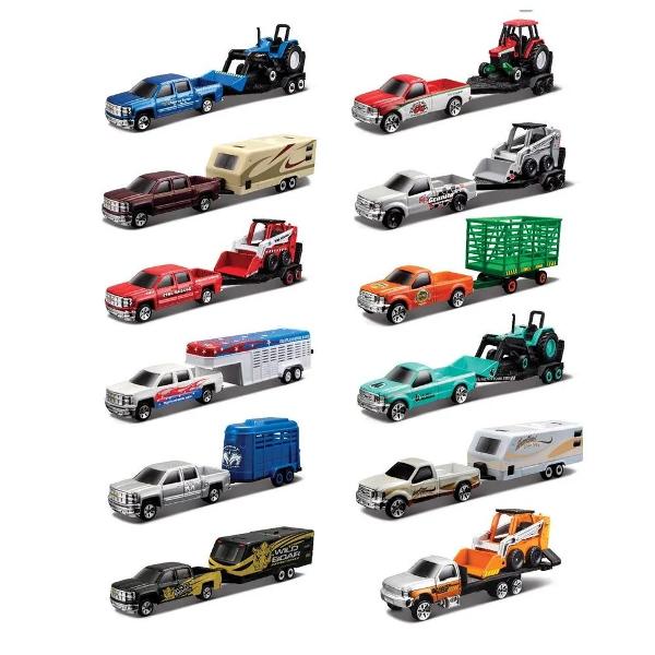 Seturile ofera o valoare de joaca extinsa combinand camioane puternice cu remorci versatile Fiecare set este conceput pentru a stimula imaginatia si pentru a oferi ore intregi de distractie Fiecare set include un camion de tractare si o remorca oferind posibilitati variate de joc Camionul de tractare are un corp din metal turnat sub presiune die-cast cu componente din plastic asigurand rezistenta si detalii realiste Toate vehiculele au roti care se rotesc liber permitand deplasarea 