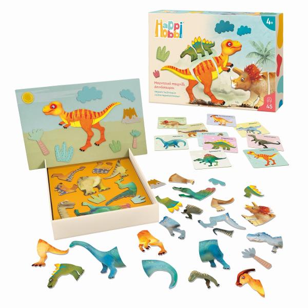 O jucarie magnetica amuzanta cu 45 de magneti care ii ajuta pe copii sa descopere lumea fascinanta a dinozaurilor Cei mici se familiarizeaza cu numele si caracteristicile acestora si se distreaza asamblandu-i dupa imaginile de pe fisele educative incluse Jucaria stimuleaza spiritul de observatie si atentia la detalii intrucat copiii trebuie sa combine corect partile magnetice pentru a recrea dinozaurii specifici O activitate educativa si creativa care imbina invatarea cu distractia perfecta 