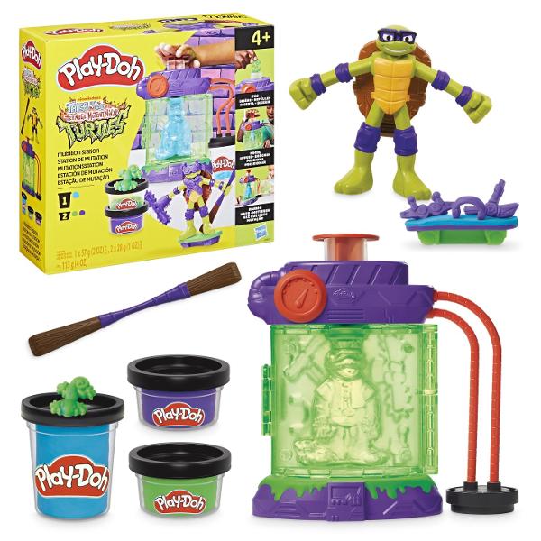 E o zi minunata sa fii un mutant cu Statia de Mutatii Play-Doh Povestiri cu testoasele ninja adolescente mutante Creeaza clone Play-Doh ale lui Mondo Gecko si imagineaza-ti aventuri epice cu acest set de joaca TMNT Trebuie doar sa incarci o forma de soparla in camera sa apesi partea de sus si vei descoperi un personaj Mondo colorat si moale Figurina de actiune Donatello are brate si picioare flexibile pentru o intorsatura senzoriala amuzanta Cele 3 culori Play-Doh ii ajuta pe copii sa 