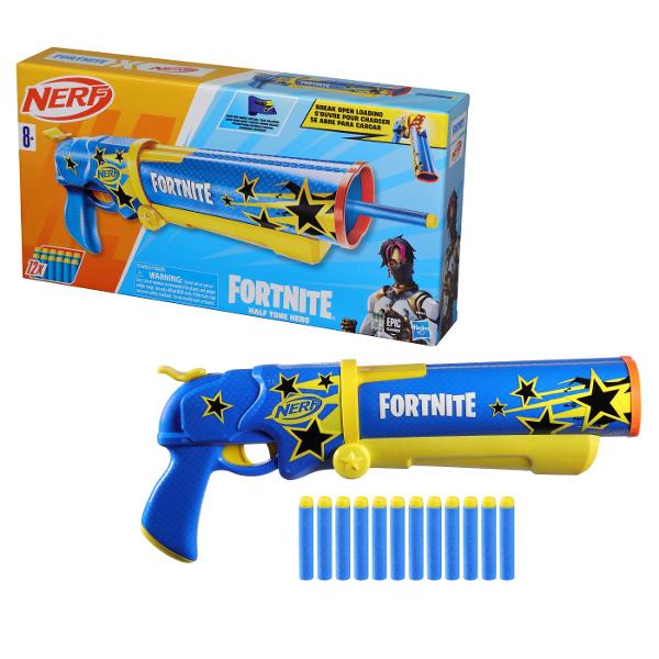 Lansatorul Nerf Fortnite Half Tone Hero este inspirat de echipamentul folosit in Fortnite si vine in ambalajul Half Tone Hero Wrap din popularul joc video Include un cod bonus pentru a debloca Half Tone Hero Wrap in joc Lansatorul Nerf are o teava cu deschidere pentru o modalitate distractiva de a incarca darts Are o capacitate de 6 darts si include 12 darts din spuma Nerf Elite oferindu-ti proiectile suplimentare pentru reincarcare Dispune de o actiune cool de amorsare cu ciocan Cu 