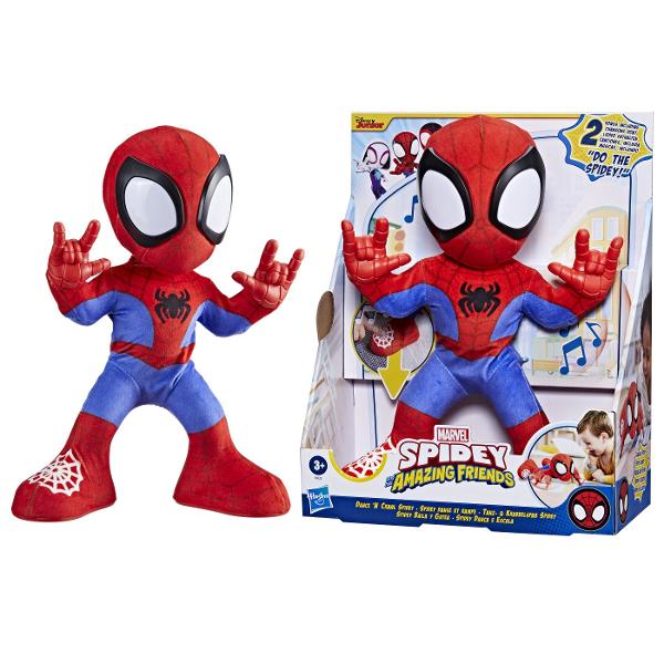 Jucaria interactiva Marvel SPIDEY SI PRIETENII SAI UIMITORI aduce actiunea si distractia direct in camera copilului Inspirat din indragitul serial pentru prescolari Spidey este pregatit sa danseze sa se tarasca si sa redea efecte sonore si melodii antrenante Copiii de la 3 ani in sus pot activa modul de in prin apasarea panzei de pe picior iar prin apasarea pictogramei de pe piept pot asculta efecte sonore si melodii instrumentale care transforma joaca intr-o experienta plina de energie 