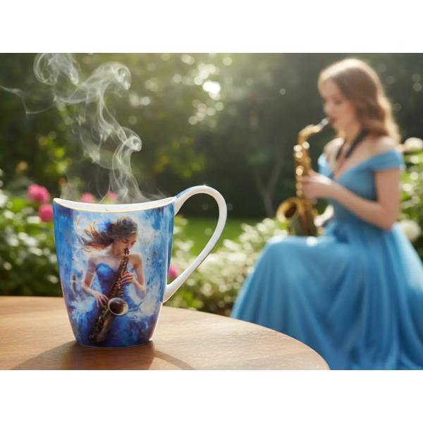 Can&259; elegant&259; din por&539;elan fin cu o capacitate de 350 ml parte din colec&539;ia &bdquo;Muzica sufletului feminin&rdquo; semnat&259; de Laura Lozano Designul expresiv ilustreaz&259; o t&acirc;n&259;r&259; care c&acirc;nt&259; la saxofon &icirc;mbr&259;cat&259; &icirc;ntr-o rochie albastr&259; pe un fundal intens &icirc;n nuan&539;e de albastru electric ce accentueaz&259; dinamismul &537;i energia compozi&539;ieip 