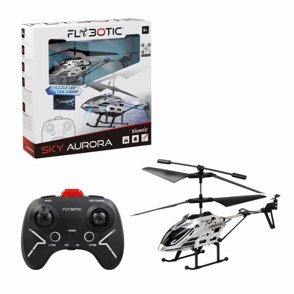 Silverlit Flybotic Sky Aurora este un elicopter cu telecomanda conceput pentru zbor stabil si control precis potrivit copiilor peste 8 ani Modelul dispune de sistem cu rotor dublu pentru echilibru optim si manevrabilitate imbunatatita fiind ideal pentru utilizare in interior Designul aerodinamic modern este completat de efectul luminos Dazzle LED Tail Light care ofera un plus de vizibilitate si impact vizual in timpul zborului Telecomanda ergonomica permite control intuitiv al directiei si 