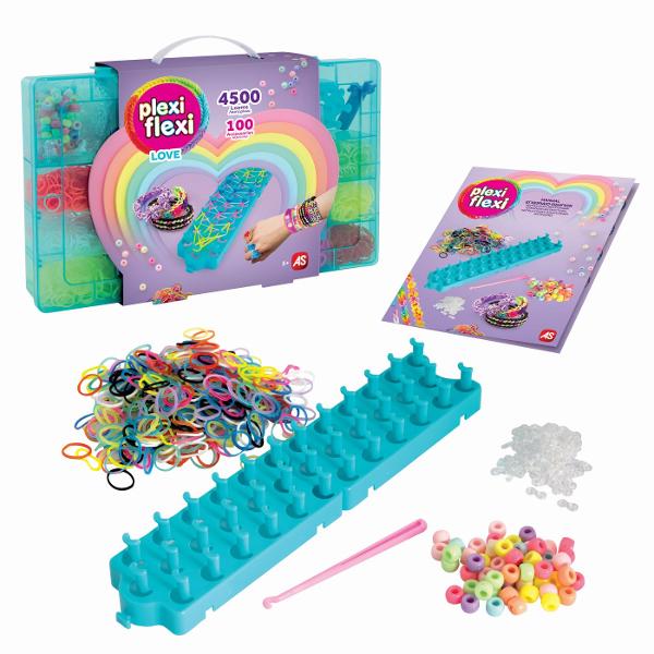 Set creativ Plexi Flexi Love ideal pentru copii pasionati de activitati handmade si accesorii colorate Acest kit complet permite realizarea de bratari inele si alte creatii unice care pot fi personalizate cu piese decorative vibrante pentru modele originale si expresive Activitatea stimuleaza creativitatea indemanarea si atentia la detalii oferind o experienta relaxanta si distractiva Setul vine intr-un organizator modern de depozitare compartimentat eficient pentru a pastra toate 