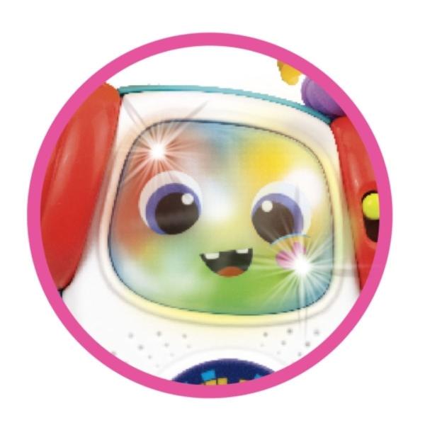 Player-ul Muzical Portabil Winfun este o jucarie interactiva special conceputa pentru bebelusi de la 3 luni ideala pentru stimularea auditiva si dezvoltarea timpurie Designul colorat si prietenos cu fata zambitoare si casti mari atrage imediat atentia celor mici si ii incurajeaza sa exploreze Jucaria reda 10 melodii clasice si 10 melodii vesele fiind insotite de lumini intermitente care creeaza o experienta senzoriala completa Butonul central rotativ si comenzile usor de apasa sunt 