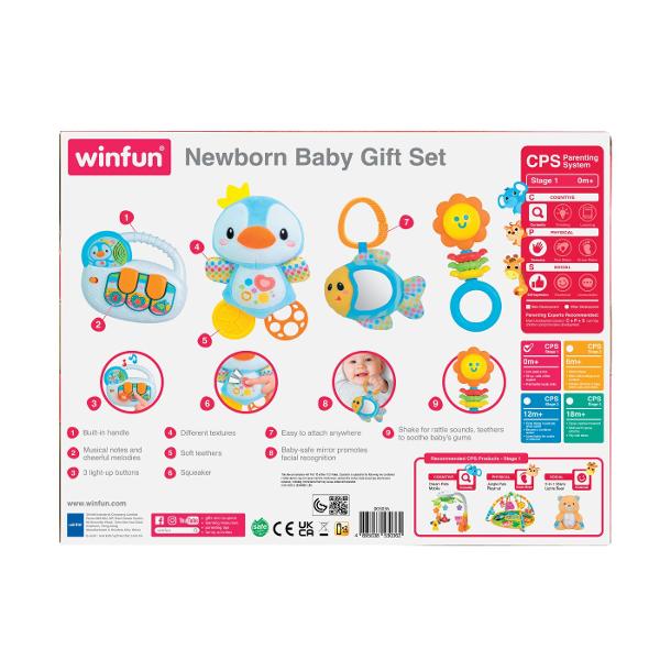 Winfun Set Jucarii Interactive Cadou Nou Nascuti este un set complet de jucarii pentru bebelusi special conceput pentru a stimula dezvoltarea senzoriala inca din primele luni de viata Setul include mai multe jucarii interactive realizate din materiale sigure si placute la atingere precum o jucarie de plus moale elemente de dentitie zornaitoare si o jucarie muzicala cu sunete si lumini Culorile vii texturile variate si functiile interactive atrag atentia copilului si incurajeaza 
