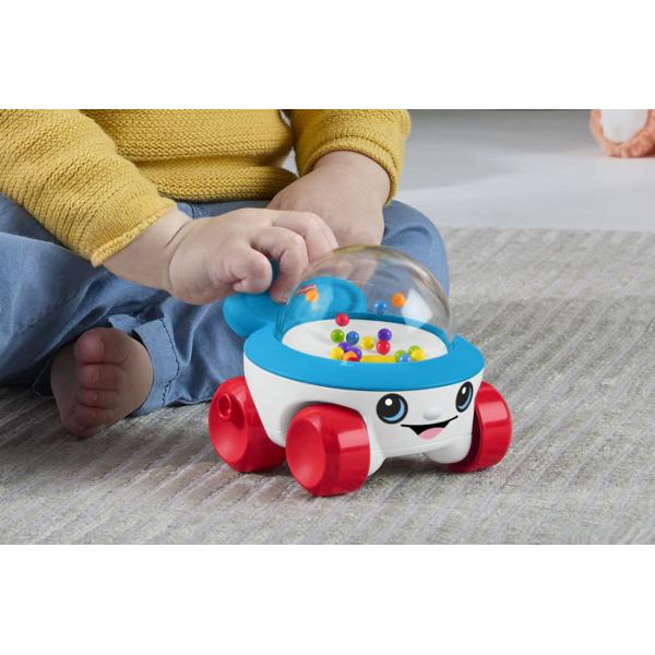 Masinuta Fisher-Price este o jucarie interactiva special conceputa pentru bebelusi care incurajeaza miscarea si explorarea Atunci cand copilul impinge sau moveaza masinita bilele colorate din interior sar si se misca in cupola transparenta creand efecte vizuale si sunete distractive Designul prietenos cu fata zambitoare si culori vii capteaza atentia celor mici si ii incurajeaza sa se joace activ Miscarea bilelor ajuta copilul sa inteleaga relatia cauza-efect stimuland in acelasi timp 