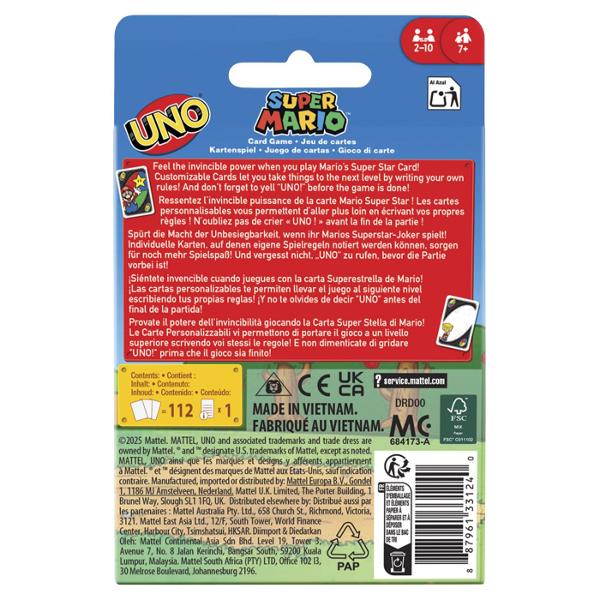 Joc De Carti UNO Super Mario aduce distractia jocului clasic UNO intr-o editie tematica inspirata din universul Super Mario Cartile sunt decorate cu personaje indragite si imagini colorate iar regulile sunt usor de invatat jucatorii potrivesc cartile dupa culoare sau numar si folosesc cartile speciale pentru a schimba cursul jocului Editia include si o regula speciala care adauga mai multa actiune si face fiecare runda mai dinamica Jocul este potrivit pentru seri in familie petreceri 