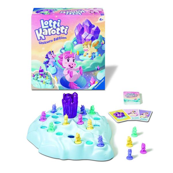 Jocul Unicorn Lotti Karotti O cursa palpitanta a unicornilor catre cristalul magic Care dintre ei va dobandi puteri magice Unicornilor le revine sarcina de a strabate norii pufosi insa pe drum ii asteapta numeroase surprize Din cand in cand cristalul magic se roteste iar pe tabla apar gauri in care pot cadea figurinele jucatorilor Castiga jucatorul care ajunge primul pe varf cu unul dintre unicornii sai Configuratia tablei se schimba la fiecare tura iar mecanica unica a jocului face ca 