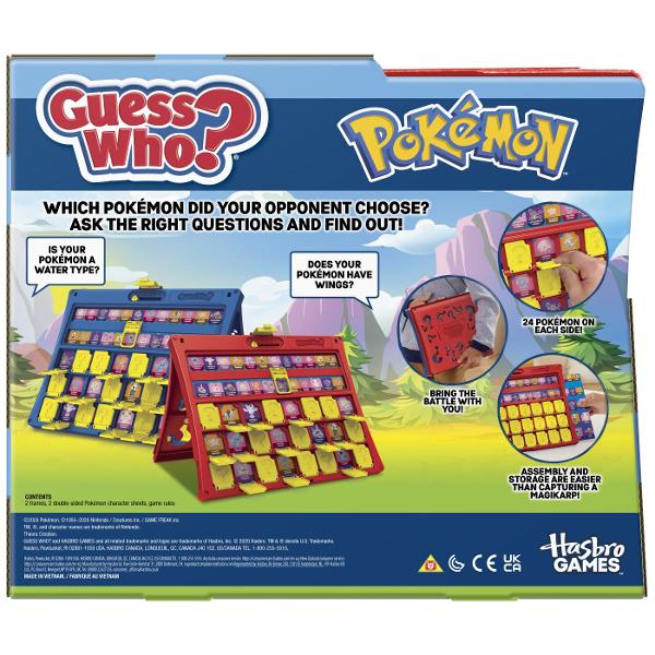 Jocul Guess Who Pokemon aduce regulile clasice ale jocului de deductie intr-o editie inspirata de universul Pokemon Fiecare jucator alege in secret un Pokemon iar adversarul trebuie sa descopere personajul misterios adresand intrebari la care se poate raspunde cu &bdquoda&rdquo sau &bdquonu&rdquo Pe masura ce primesc raspunsurile jucatorii elimina variantele pana cand reusesc sa identifice Pokemonul ales de adversar Jocul include 48 de Pokemon din 8 tipuri diferite 
