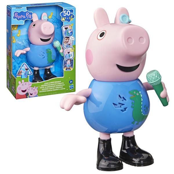 Descopera distractia muzicala alaturi de George indragitul personaj din seria Peppa Pig Figurina interactiva include peste 50 de sunete melodii si reactii amuzante Copiii pot apropia microfonul de gura figurinei pentru a-l auzi cantand pot apasa pe burta pentru a activa sunete si replici sau pot misca figurina pentru a descoperi diferite reactii Jucaria incurajeaza jocul de rol imaginatia si exprimarea muzicala fiind potrivita pentru micii fani Peppa Pig George tine in mana un microfon 