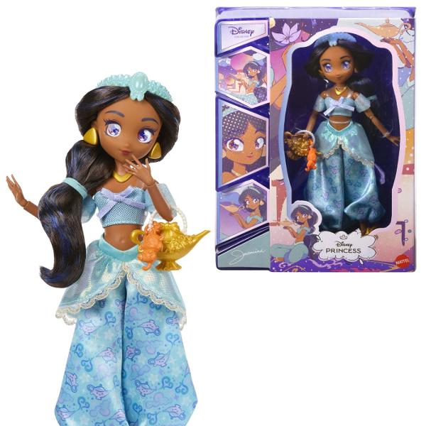 Papusa Printesa Jasmine din colectia Disney Princess este inspirata de indragitul personaj din povestea Aladdin Jasmine poarta o tinuta eleganta in nuante de turcoaz cu pantaloni largi top decorativ si detalii stralucitoare completata de parul lung si accesoriile specifice personajului Papusa are aproximativ 22 cm inaltime si este insotita de accesorii tematice care completeaza experienta de joaca Copiii pot recrea scene inspirate din povestea Disney sau pot inventa propriile aventuri 