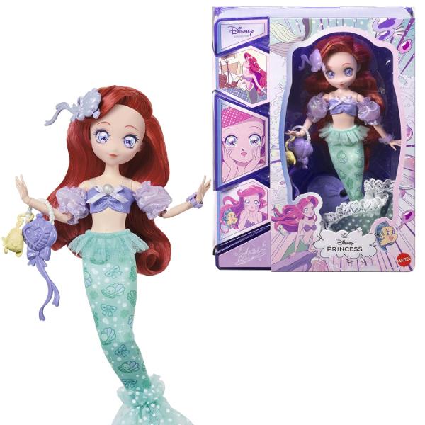 Papusa Ariel din colectia Disney Princess este inspirata de indragitul personaj din povestea Mica Sirena Papusa are aproximativ 23 cm inaltime si poarta o tinuta in nuante de mov si turcoaz cu detalii inspirate de lumea subacvatica Parul lung roscat si accesoriile tematice completeaza aspectul specific personajului Ariel Papusa este potrivita pentru recrearea scenelor preferate din povestea Disney si pentru inventarea unor noi aventuri pline de imaginatie Inaltime papusa aproximativ 23 cm 