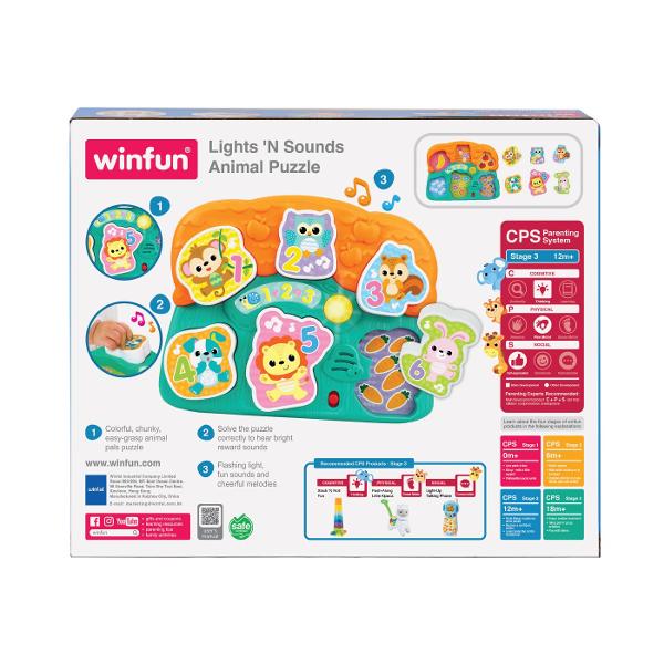Jucaria Winfun Puzzle cu Animale si Sunete este perfecta pentru micutii care iubesc sa descopere si sa invete Puzzle-ul colorat si usor de prins ajuta la dezvoltarea abilitatilor motrice fine si a coordonarii mana-ochi Copilul tau va fi incantat sa asambleze piesele si atunci cand le potriveste corect va auzi sunete vesele si o lumina intermitenta care il recompenseaza Cu sunete amuzante melodii vesele si efecte sonore care stimuleaza atentia si curiozitatea acest puzzle interactiv aduce 