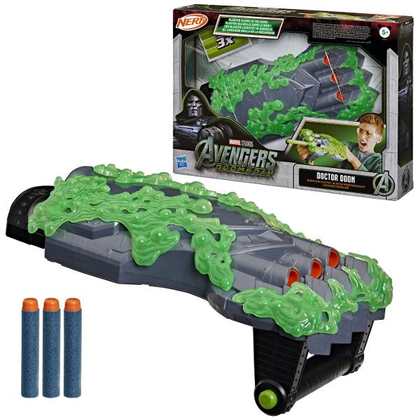 Nerf Blaster Avengers Doomsday Doctor Doom aduce actiunea inspirata din universul Marvel direct in timpul de joaca Blasterul are un design spectaculos inspirat de Doctor Doom si este prevazut cu elemente decorative verzi care creeaza un efect vizual distinct Modelul este conceput pentru jocuri de rol si confruntari imaginative permitand copiilor sa recreeze scene inspirate din Avengers Doomsday sau sa inventeze propriile misiuni Blasterul include 3 proiectile Nerf si este realizat intr-un 