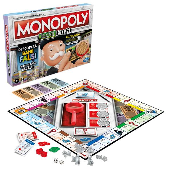 Jocul Monopoly Crooked Cash  Bani Falsi  prezinta un joc clasic Monopoly cu o intorsatura Mr Monopoly Decoder ii ajuta pe jucatori sa gaseasca falsuri Include decodor atunci cand un jucator plateste pentru ceva adversarii pot folosi decodorul pentru a vedea daca au folosit bani falsi Va dezvalui tipare ascunse pentru a determina daca este real Daca este fals puteti pastra banii Carduri de oportunitate fii atent Cardurile pot fi si ele false Un jucator a folosit o carte de 