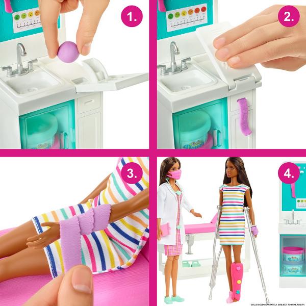 Explorati o lume de distractie cu ingrijire cu setul de joaca Barbie Fast Cast Clinic Cand fetele se joaca cu Barbie isi imagineaza tot ce pot deveni iar pentru cele care adora sa aiba grija de altii pot conduce Fast Cast Clinic Clinica include o papusa doctor Barbie® bruneta 304 cm si 4 zone de joaca o statie medicala un pat de consult un aparat de radiografie si un magazin de cadouri Copiii pot crea ghipsuri pentru papusa „pacient” se vinde separat cu o 