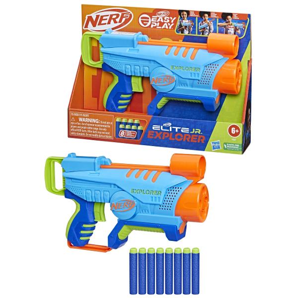 Acest blaster de jucarie Nerf Elite Jr pentru baieti si fete are un design usor de jucat astfel incat copiii sa se poata bucura de jocul captivant de sageti Nerf Blasterul Explorer este dimensionat pentru a se potrivi confortabil in mainile mici si are un design usor care este usor de tinut si de transportat de copii in interior si in aer liber Manerul blasterului are cea mai mica forta de tragere dintre toate blasterele Nerf asa ca este usor pentru copii sa se traga singuri inapoi 
