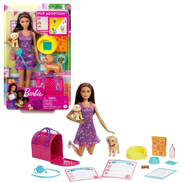 Kitul de adoptie Barbie te invata sa ai grija animale impreuna cu papusa Barbie 2 catelusi accesorii si functie de schimbarea culorii Umple un castron cu apa cu gheata si da-l puiului tau de catel apoi urmareste cum fata lui se &bdquomurdareste&rdquo Foloseste apa fierbinte pentru a o schimba din nou si continua sa te bucuri de acest efect Da-i celui mai mare catelus o sticla plina cu apa rece ca gheata si el va face pipi pe saltea unde tehnologia de schimbare a culorii iti va 