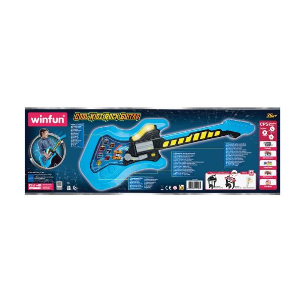 Winfun Chitara Rock este jucaria ideala pentru micii muzicieni in devenire Cu 8 butoane de fret si efecte de lumina aceasta ofera o experienta interactiva si captivanta Chitara emite muzica rock energica si efecte sonore care vor incanta copiii Cu un design vibrant si sunete rock autentice aceasta chitara este perfecta pentru dezvoltarea abilitatilor muzicale ale copiilor si stimularea imaginatiei