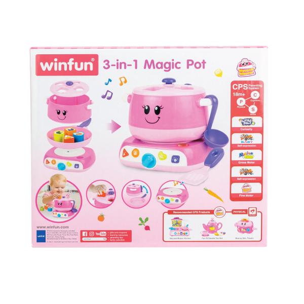 Micutul tau poate descoperi bucuria gatitului cu jucaria Winfun Oala Magica Aceasta include o oala si o tigaie precum si patru forme alimentare care incurajeaza activitatile de sortare si recunoastere a formelor Prin apasarea celor patru butoane interactive copiii invata despre metodele de gatit precum fierberea aburirea prajirea si gatitul la foc mic in timp ce asculta fraze amuzante si educative Butonul de control al temperaturii ofera o experienta realista iar sunetele captivante si 