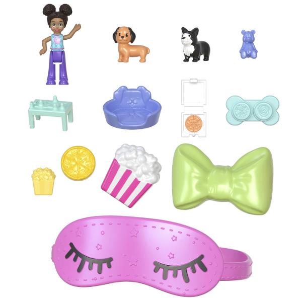 Gentutele Polly Pocket detin lumi mici cu surprize mari in interior pe care fetele si baietii le pot duce oriunde Fiecare jucarie portabila prezinta la exterior o forma adorabila de animal cu un detaliu de joaca interactiv cei mici pot combina accesoriile pentru a ingriji animalul de cate ori doresc Cand au terminat de decorat exteriorul copiii pot deschide carcasa pentru a dezvalui o papusa mai multe functii de joaca din mers si mai mult de 10 accesorii Arunca o petrecere de pijama pentru 