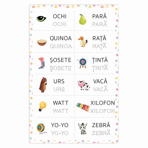 O jucarie educativa progresiv creat special pentru copiii de la 5 ani care transforma invatarea literelor intr-o activitate distractiva si interactiva Plansetele colorate ii incurajeaza pe cei mici sa invete sa citeasca si sa scrie prin exercitii simple si captivante Pas cu pas copilul invata sa asocieze obiectele cu literele corespunzatoare sa exerseze scrierea si sa formeze primele sale cuvinte Datorita markerului special si buretelui incluse exercitiile pot fi sterse si reluate de 