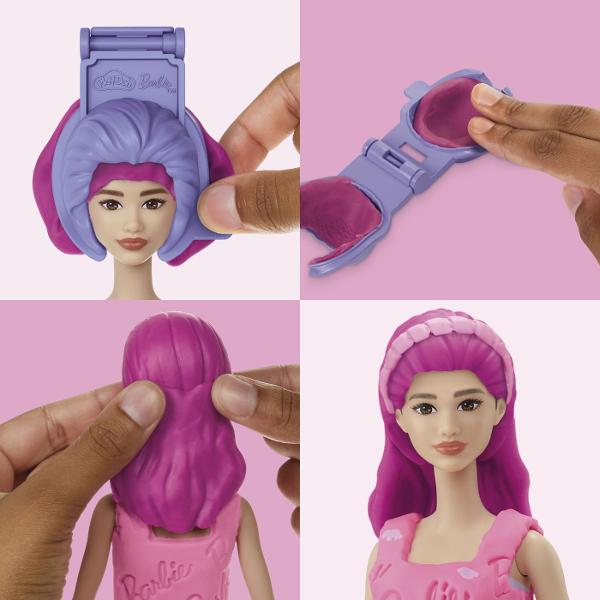 Creeaza stiluri super dragute cu setul Inimioare si Par Este usor si distractiv sa creezi haine pentru papusa Barbie Play-Doh cu acest kit de arte si mesteruguri Pur si simplu aseaza papusa pe suport foloseste foaia cu modelul Play-Doh si decupatoarele pentru a croi rochite Barbie si imbrac-o in cele mai creative moduri imaginabile Ofera-i 2 coafuri Play-Doh diferite cu matritele pentru par scurt si lung sau copii isi pot face propriile coafuri manual Adauga accesorii pentru papusa Barbie 