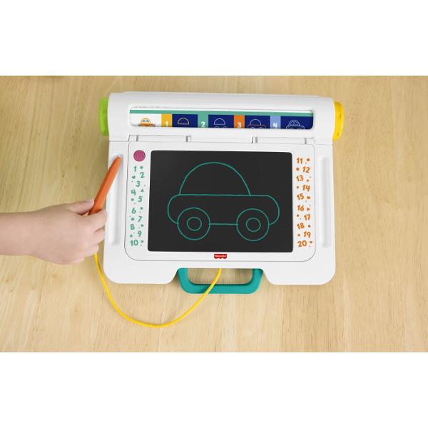 Biroul De Invatare Fisher-Price este conceput pentru a incuraja invatarea si creativitatea copiilor prin activitati interactive si distractive Suprafata de scriere tip LCD permite desenarea si exersarea scrisului fara murdarie folosind stiloul special inclus Panourile colorate si rotita interactiva ofera activitati de invatare cu forme imagini si secvente simple care stimuleaza gandirea logica si recunoasterea vizuala Setul include si sabloane pentru forme incurajand copiii sa exploreze 