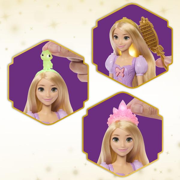 Papusa Disney Princess Setul Parul Magic Al Lui Rapunzel aduce la viata magia povestii prin parul sau lung si accesorii speciale de styling Rapunzel poarta o rochie eleganta in nuante de mov decorata cu motive inspirate din povestea sa iar parul lung si blond poate fi pieptanat si aranjat in multe stiluri Setul include mai multe accesorii tematice precum agrafe colorate si o perie care permit copiilor sa creeze coafuri diferite si sa personalizeze look-ul printesei Detaliile inspirate din 