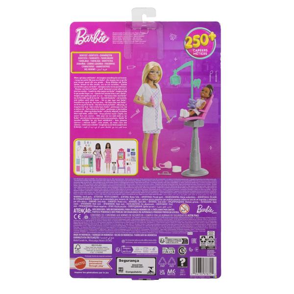 Copiii pot explora tot felul de cariere cu Barbie De la un om de stiinta la un copil de doctor papusile Barbie Careers sunt gata sa inspire povesti pentru toata lumea Barbie poarta haine detasabile cu tematica de cariera si alte accesorii pentru a spune povesti Imaginatia poate juca o lume plina de posibilitati de povestire si oportunitati de cariera cu aceasta papusa puternica gata sa inspire copiii sa fie tot ce isi doresc sa fie Acest pachet contine un set de joaca Barbie Dentist