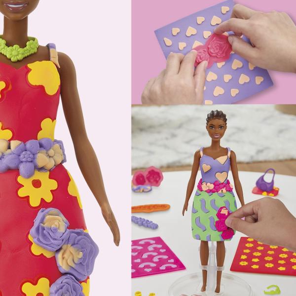 Play-Doh Barbie este un set creativ care imbina universul fashion Barbie cu distractia modelarii plastelinei Copiii de peste 5 ani pot crea tinute spectaculoase decorate cu flori inimi diverse modele decorative si folosesc foile cu sabloane incluse pentru a realiza texturi si detalii elegante Setul contine mai multe culori de plastelina Play-Doh accesorii si elemente pentru personalizarea rochiilor si accesorii oferind libertate totala de exprimare si creativitate Este ideal pentru 
