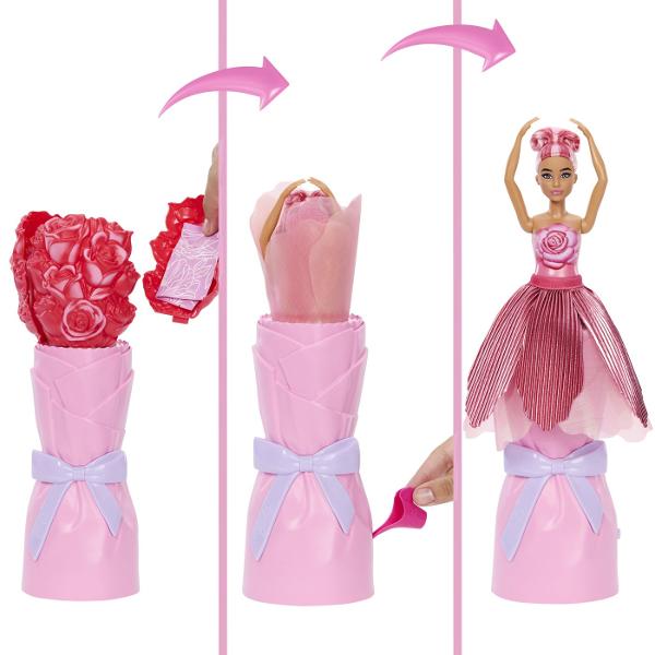 Barbie Petal Pop Papusa Barbie Trandafir Rosu este o jucarie surpriza creativa si plina de magie care ascunde in interior o papusa si accesorii adorabile Ambalajul in forma de floare cu petale colorate si design elegant se deschide pentru a dezvalui sau experienta de unboxing captivanta In interior se afla o papusa Barbie si un mic companion oferind multiple posibilitati de joaca si povesti imaginative Texturile culorile pastelate si detaliile florale stimuleaza simturile si 
