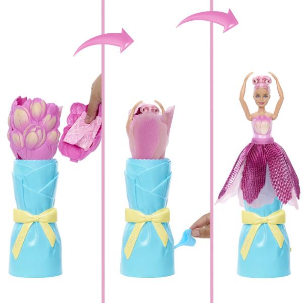 Barbie Petal Pop Papusa Barbie Lalea Roz este o jucarie surpriza creativa si plina de magie care ascunde in interior o papusa si accesorii adorabile Ambalajul in forma de floare cu petale colorate si design elegant se deschide pentru a dezvalui sau experienta de unboxing captivanta In interior se afla o papusa Barbie si un mic companion oferind multiple posibilitati de joaca si povesti imaginative Texturile culorile pastelate si detaliile florale stimuleaza simturile si creativitatea 