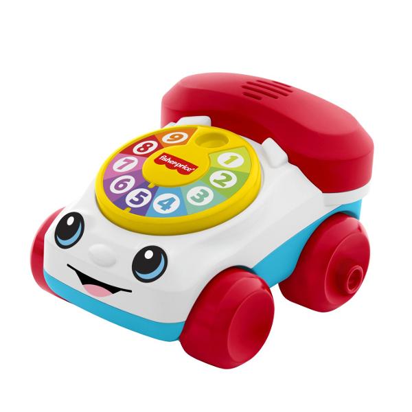 Telefonul interactiv Fisher-Price Vehicul Telefon este o jucarie clasica reinterpretata intr-un design modern si prietenos special conceputa pentru bebelusi Cu un aspect vesel si culori atractive aceasta jucarie stimuleaza curiozitatea si incurajeaza joaca activa Discul rotativ numerotat permite copilului sa interactioneze prin rotire dezvoltand coordonarea mana-ochi si abilitati motorii fine Rotile functionale transforma jucaria intr-un vehicul usor de impins sau tras sustinand miscarea 