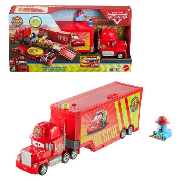 Camionul Mack din colectia Disney Pixar Cars Race &amp Rescue se transforma intr-un centru mobil de reparatii si interventie pregatit pentru aventuri inspirate din lumea Cars Vehiculul se deschide pentru a dezvalui o zona de service cu platforma rampa si mai multe elemente interactive pentru repararea si pregatirea masinutelor pentru urmatoarea cursa Setul include camionul Mack si accesorii tematice pentru scenarii de joaca de tip service si salvare Copiii pot transporta vehiculele le 