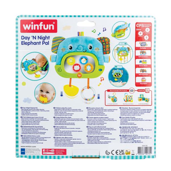 Prietenul Elefant Winfun este o jucarie semi-moale conceputa pentru a stimula simturile si a incuraja jocul interactiv al bebelusilor Cu urechi fosnitoare care produc sunete placute aceasta jucarie va capta atentia micutului tau Elefantul dispune de doua moduri de joc Modul Zi care ofera distractie prin sunete vesele si interactive si Modul Noapte care adauga melodii linistitoare pentru a crea o atmosfera calmanta inainte de culcare Jucaria include o oglinda sigura pentru bebelusi care 