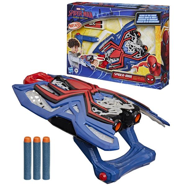 Nerf Blaster Spider Man este o jucarie de actiune inspirata din universul Marvel Spider Man conceputa pentru aventuri dinamice si jocuri de rol pline de imaginatie Blasterul se poarta pe mana si are un design spectaculos inspirat de echipamentul eroului Spider Man permitand copiilor sa recreeze scene de actiune si sa inventeze propriile misiuni Modelul dispune de elemente decorative care stralucesc in intuneric oferind un efect vizual deosebit in timpul jocului Sistemul de lansare permite 