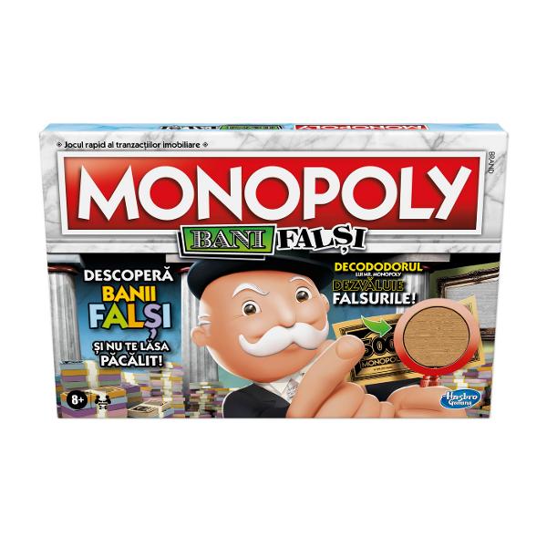 Jocul Monopoly Crooked Cash  Bani Falsi  prezinta un joc clasic Monopoly cu o intorsatura Mr Monopoly Decoder ii ajuta pe jucatori sa gaseasca falsuri Include decodor atunci cand un jucator plateste pentru ceva adversarii pot folosi decodorul pentru a vedea daca au folosit bani falsi Va dezvalui tipare ascunse pentru a determina daca este real Daca este fals puteti pastra banii Carduri de oportunitate fii atent Cardurile pot fi si ele false Un jucator a folosit o carte de 