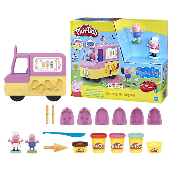 Peppa iubeste inghetata Vacanta de vara sigur va aduce distractie nemaipomenita alaturi de Peppa si Play-Doh Setul include forme pentru a modela acadele si cornete cu inghetata si 5 cutii cu pasta modelatoare Play-Doh Peppa poate chiar si sa conduca rulota Pasta modelatoare Play-Doh aduce acum la viata lumea Peppa Pig pentru si mai multa distractie creativa