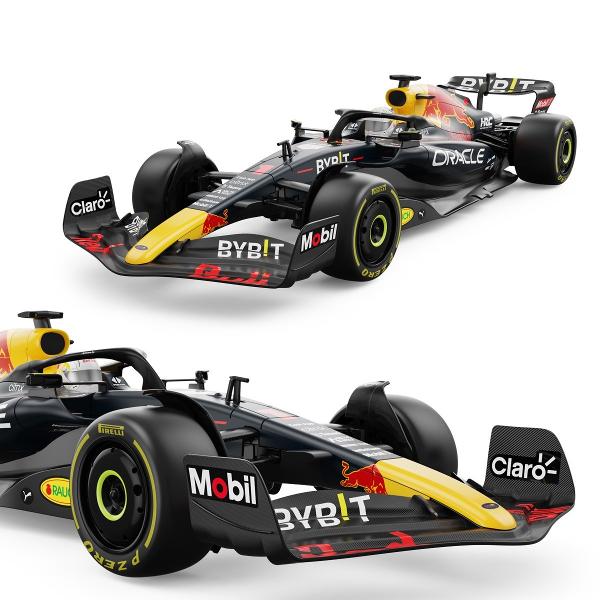 Copilul dumneavoastra se poate juca in voie cu masina cu telecomanda Oracle Red Bull Racing RB18 scara 1 la 12  oferita de brandul international Rastar Nicio cursa nu este imposibil de castigat cu acesta masinuta replica oficiala cu licenta a modelului original construita cu mare atentie la detalii Masinuta are proportiile ideale pentru momente pline de distractie si amuzament avand dimensiunile in centimetri dupa cum urmeaza  471710 Masinuta functioneaza pe frecventa de 