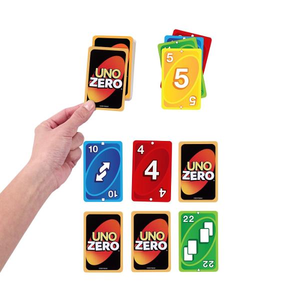 Jucatorii care iubesc jocul de carti UNO vor adora UNO Zero si rasturnarea sa captivanta Scopul este sa obtii cel mai mic scor posibil tintind catre zero absolut In loc sa tina cartile in mana jucatorii incep jocul creand o grila 2x3 cu carti intoarse  apoi schimba carti de valoare mare cu carti de valoare mica pentru a-si pacali adversarii si a obtine scoruri mici Cat de jos pot ajunge Cartile de actiune pot schimba cursul jocului precum Reverse si Skip Pentru 2 pana la 8 jucatori cu 