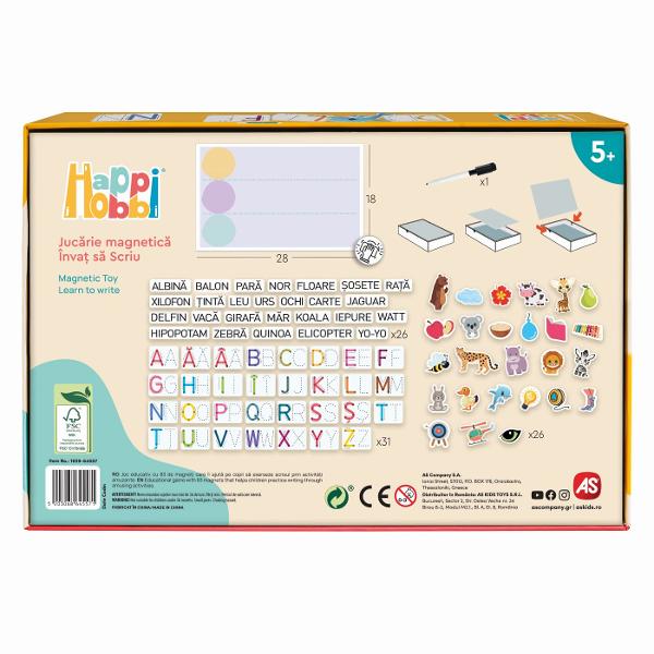 O jucarie educativa progresiv creat special pentru copiii de la 5 ani care transforma invatarea literelor intr-o activitate distractiva si interactiva Plansetele colorate ii incurajeaza pe cei mici sa invete sa citeasca si sa scrie prin exercitii simple si captivante Pas cu pas copilul invata sa asocieze obiectele cu literele corespunzatoare sa exerseze scrierea si sa formeze primele sale cuvinte Datorita markerului special si buretelui incluse exercitiile pot fi sterse si reluate de 