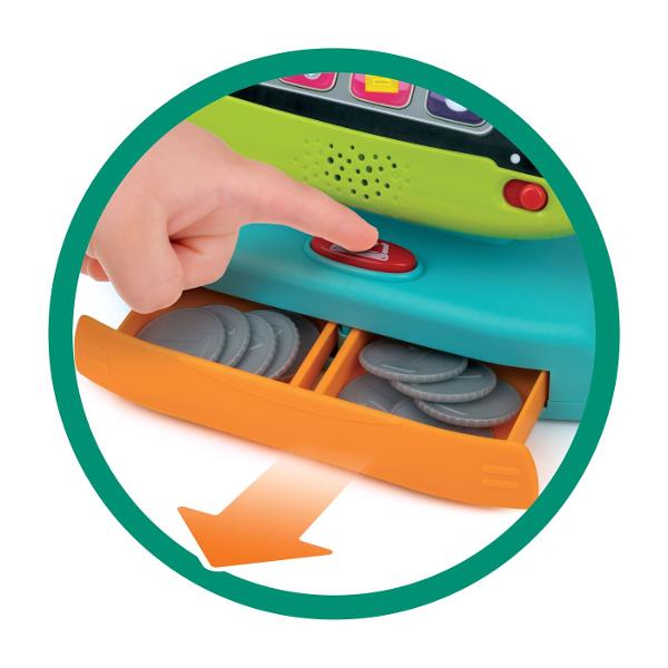 Winfun Set Casa De Marcat Interactiva Cu Accesorii este o jucarie interactiva complexa conceputa pentru copii de la 24 luni ideala pentru invatare prin joaca si dezvoltarea abilitatilor de baza matematica si sociala Setul include o casa de marcat electronica cu functie de calculator real scanner microfon functional si multiple accesorii precum alimente de jucarie si cos de cumparaturi oferind o experienta completa de joc de rol Casa de marcat este prevazuta cu taste numerice si functii 