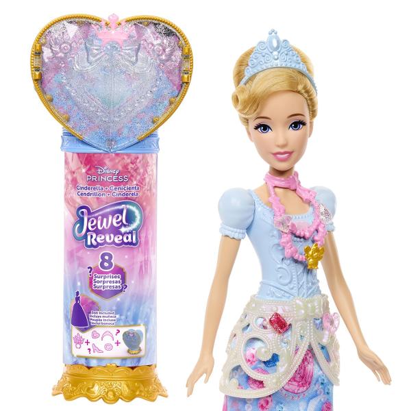 Setul Disney Princess Jewel Reveal aduce magia povestilor Disney intr-o experienta plina de surprize Ambalat intr-o cutie eleganta in forma de inima stralucitoare setul ascunde in interior o papusa Cenusareasa inspirata din universul Printeselor Disney si multiple accesorii surpriza Copiii pot deschide compartimentele pentru a descoperi treptat elementele incluse precum accesorii de moda si detalii inspirate din poveste Designul sclipitor si mecanismul de deschidere a transformarii 